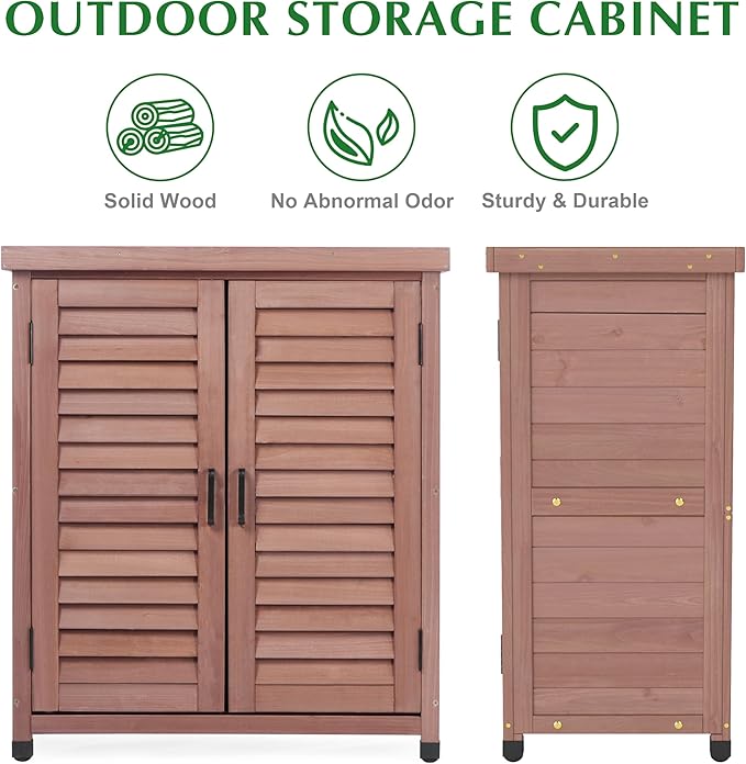 Outdoor Storage Cabinet & Potting Bench Table with Metal Top (Dark Brown, 36x31x17in)