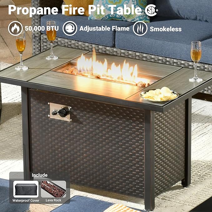 ovios Patio Furniture Set, 6 Pieces Outdoor Wicker Sofa Couch with Fire Pit Table, Ottomans and Comfy Cushions, All Weather High Back Rattan Conversation Set, Denim Blue