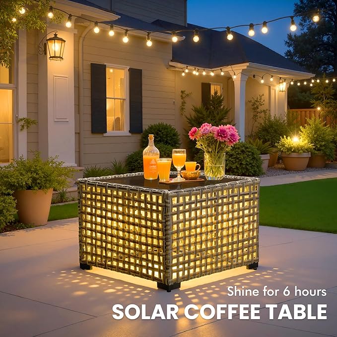 Outdoor Sectional Patio Furniture Set with Swivel Rocking Chairs and Glowing Table,8 Pieces Wicker Conversation Sets L Shaped Couch Out Door Sofa Outside Furniture for Garden Deck Yard Porch,Navy Blue