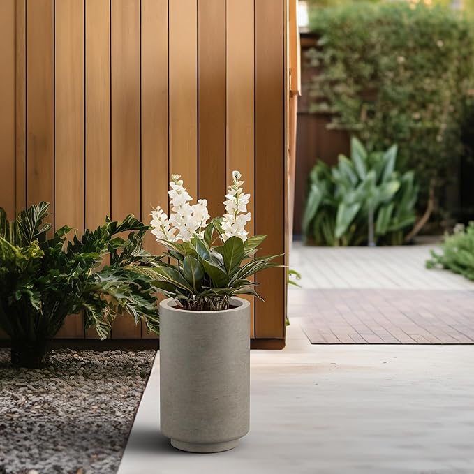 Kante 15.7 Inch Tall Concrete Planter, Round Pedestal Design Garden Pot for Indoor Outdoor Plants, Modern Garden Pot with Drainage Hole, Weathered Concrete Finish with Warm Brown Interior