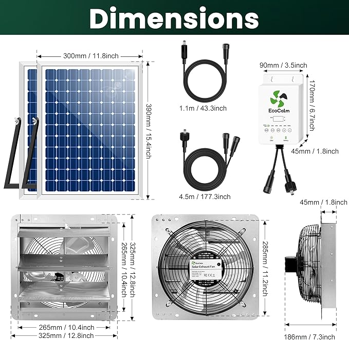 10" Solar Exhaust Fan for Greenhouse with Battery and Adjustable Thermostat, Attic Fans for Garage and Shed with 2PCS 15W Bifacial Solar Panels