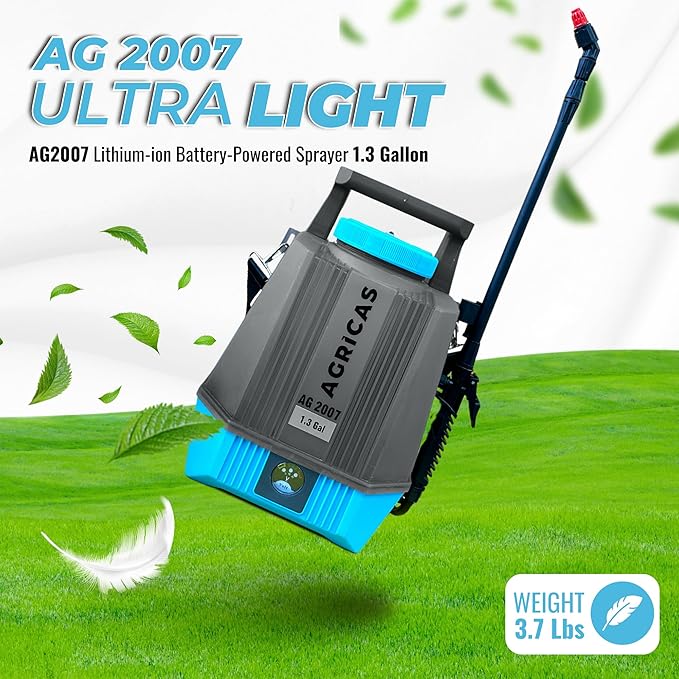 Battery Powered Sprayer 1.3 Gallon, Electric Lawn and Garden Sprayer for Weed/Pest Control, Lithium-Ion Battery, Adjustable Nozzle, Shoulder Strap, High-Pressure Hose