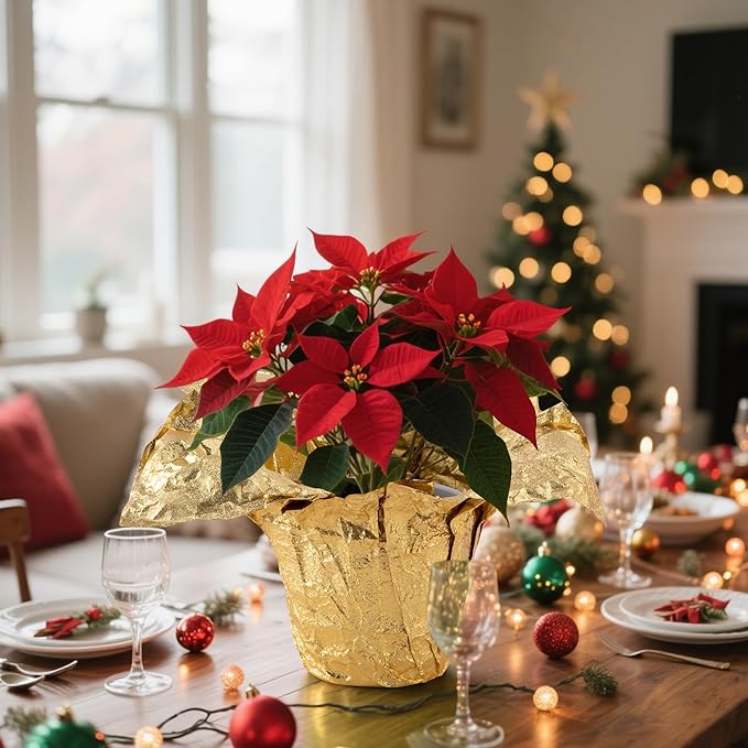 Adnee 10 Yard Floral Foil Plant Pot Covers,Matte Texture Christmas Plant Pot Foil,Golden Floral Pot Wrapping Paper for Christmas Home Flower Pot DIY decor