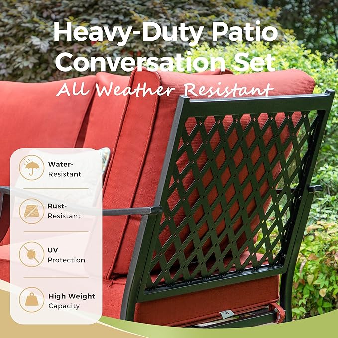 Patio Furniture Set, 4 Pcs Metal Outdoor Conversation Set, 2 Swivel Chairs and 3 Seater Sofa with 5.75" Extra Thick Cushion and Gas Fire Pit Table for Backyard Deck, Red