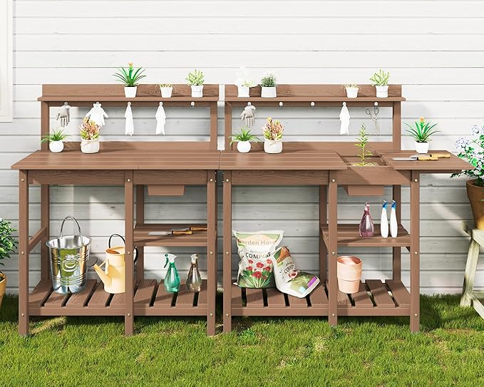 SERWALL Potting Bench Outdoor Potting Table with Sink, HDPE Teak Potting Benches for Outside Gardening Table All Weather Use- Brown