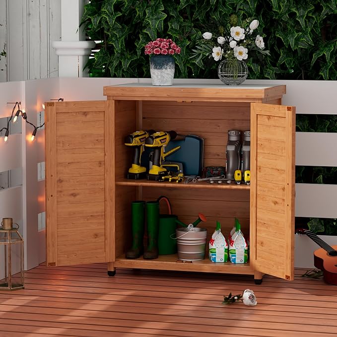 Outdoor Storage Cabinet Garden Potting Bench Table with Metal Tabletop, Solid Wood Planting Work Bench Table for Backyard Patio Lawn, 31×18×36" (Wood)
