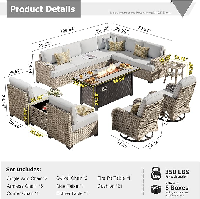 HOOOWOOO Outdoor Sectional Patio Furniture Set with Fire Pit Table,13 Pieces Wicker Conversation Sets L Shaped Couch,Extra Deep Out Door Sofa Outside Furniture with Swivel Chairs,Light Gray