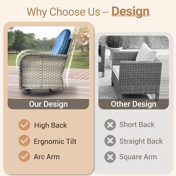 HOOOWOOO Outdoor Patio Bistro Set,3 Pieces Wicker Out Door Swivel Rocking Chair with Matching Side Table,Patio Furniture Sets,Blue