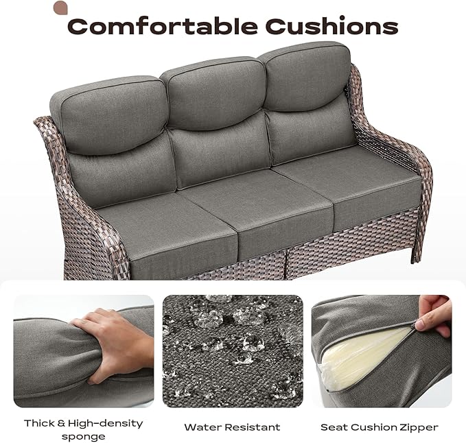 Wicker Outdoor Patio Furniture Set - 6 Piece Patio Conversation Sets with Swivel Rocker Chairs, Ottomans, Sofa and Side Table, 6 inch Cushions, Waterproof Wicker, for Porch Deck Brown/Grey