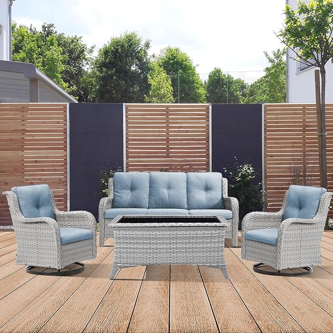 Patio Furniture 4 Piece, All-Weather PE Wicker Outdoor Furniture Set with Coffee Table,Outdoor Patio Furniture with Swivel Rocker Chairs and Outdoor Sofa, White Grey/Blue