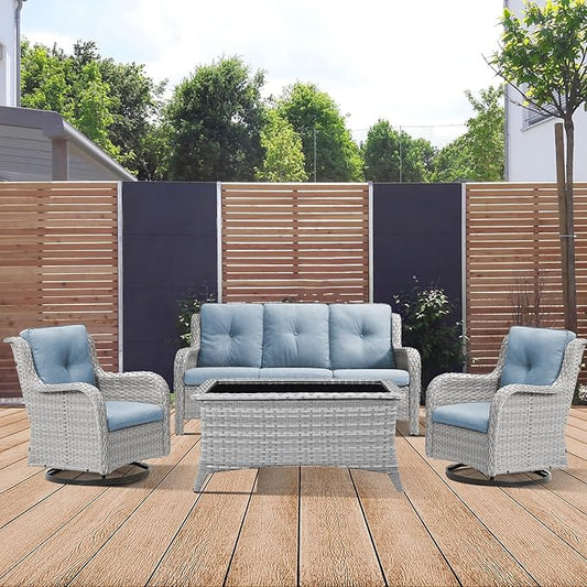 Patio Furniture 4 Piece, All-Weather PE Wicker Outdoor Furniture Set with Coffee Table,Outdoor Patio Furniture with Swivel Rocker Chairs and Outdoor Sofa, White Grey/Blue