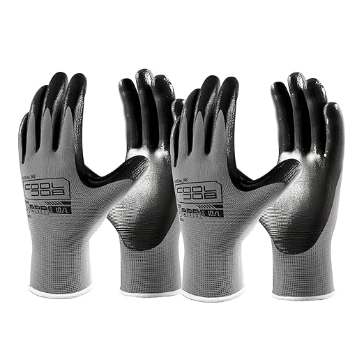 COOLJOB 10 Pairs Nitrile Dipped Safety Work Gloves with Grip, Non-slip Rubber Coated Bulk Garden Gloves for Men, Heavy-duty Oil Resistant for Truck Driver, Warehouse Box Handler, Large, Gray