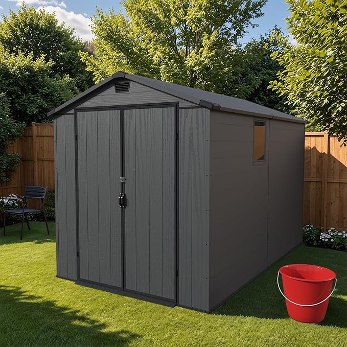 Patiowell 6 x 10 FT Outdoor Plastic Storage Shed with Floor - Lockable Resin Tool Shed, 2 Windows, Easy Assembly for Garden/Backyard (Dark Grey)