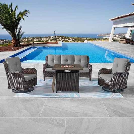 Patio Furniture 4 Piece, All-Weather PE Wicker Outdoor Furniture Set with CSA Certified 30in Propane Fire Pit Table,Outdoor Patio Furniture with Swivel Rocking Chairs