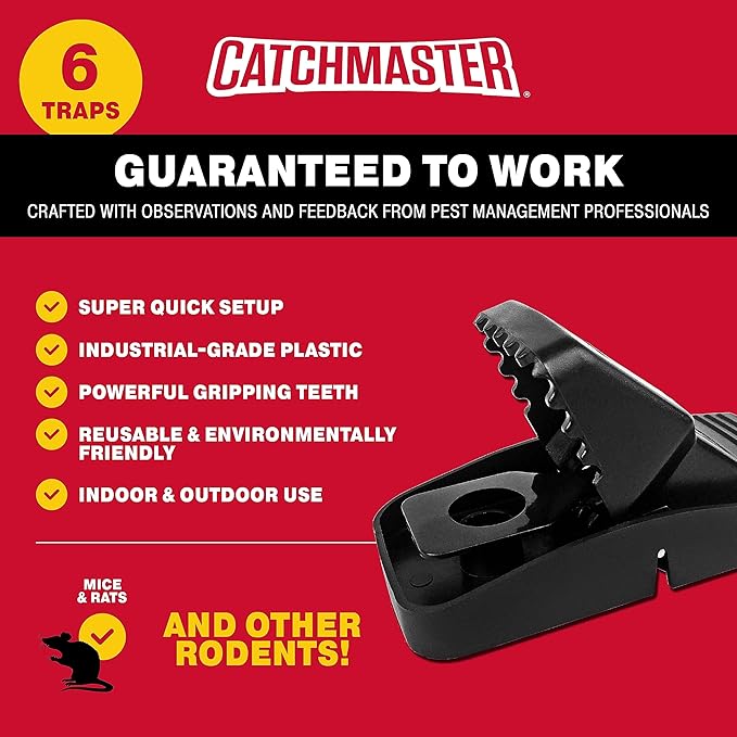 Catchmaster Snapper Mouse Traps 6-Pk, Mouse Traps Indoor for Home, Reusable Rodent Killer for House, Outdoor Critter Catcher, Eco Friendly Pest Control for Garage, Basement, & Kitchen