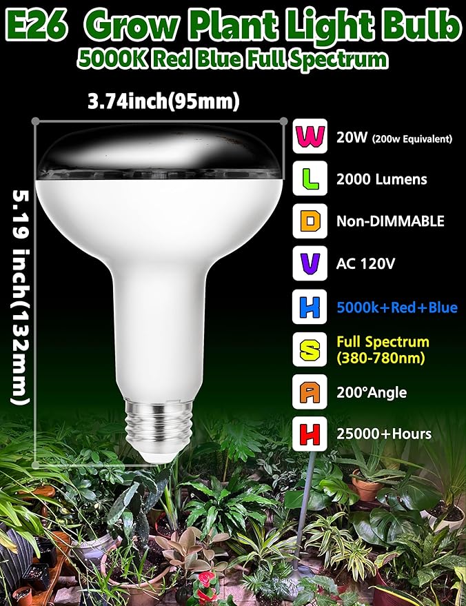 BR30 LED Grow Light Bulbs Floodlight 5000K Red Blue Full Spectrum, 20W E26 Plant Light Bulb 200w Equivalent, Balanced Spectrum for Indoor Plants, Seeding, Growing, Hydroponic, 2000lm, 2pcs