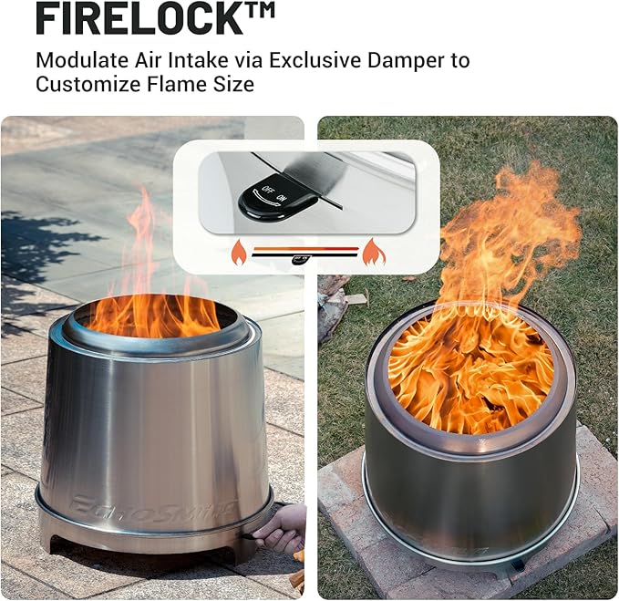 EchoSmile 18" Smokeless Fire Pit with Triple-Burn & Adjustable Damper, Outside Stainless Steel Wood Burning Stove for Outdoor Patio, Backyard, Camping