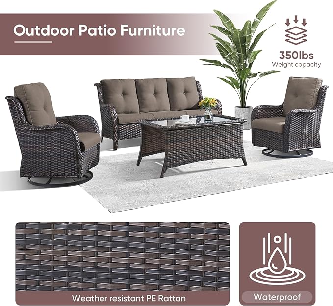 Patio Furniture 4 Piece, All-Weather PE Wicker Outdoor Furniture Set with Coffee Table,Outdoor Patio Furniture with Swivel Rocker Chairs and Outdoor Sofa