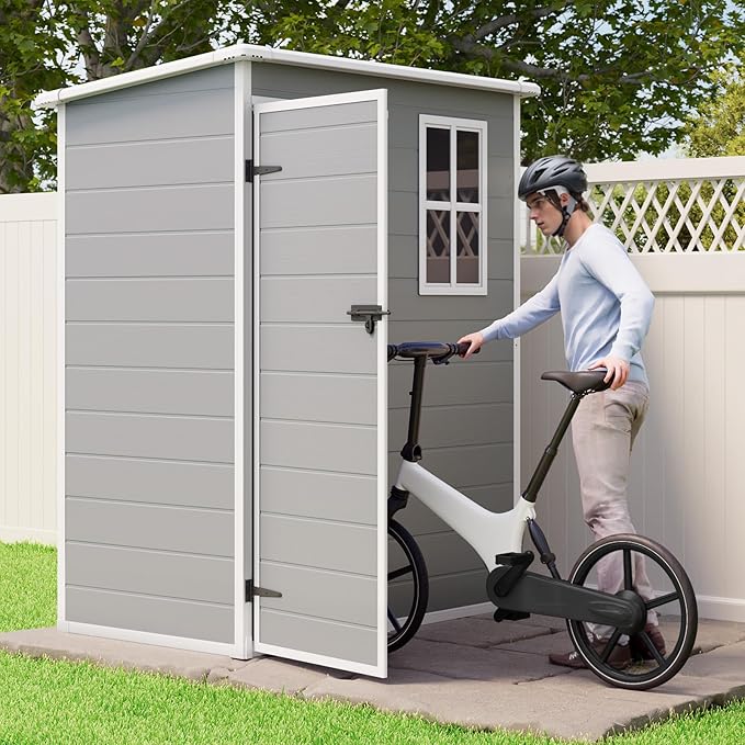 Gizoon 5x3 FT Resin Storage Shed Outdoor, Heavy-Duty Resin Shed with Floor for Patio, Lawn, Plastic Garden Sheds Weather-Resistant with Lockable Door for Patio Furniture, Garden Tools, Grey