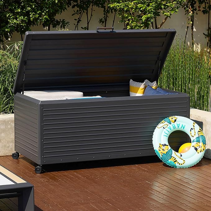 281 Gallon Outdoor Storage Box Waterproof with Wheels, Metal Deck Boxfor Patio Furniture, Garden Tools, Outdoor Cushion, Charcoal
