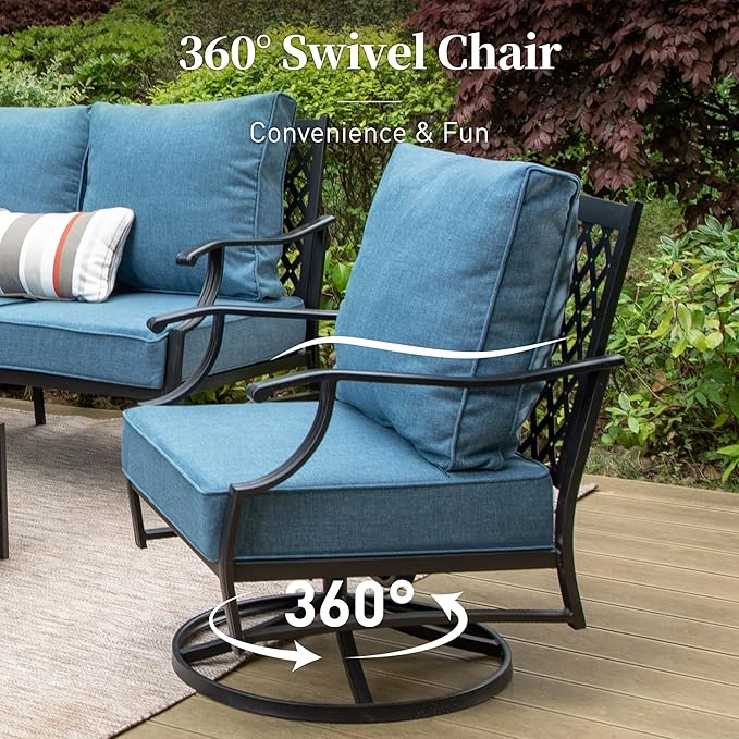 7 Piece Metal Outdoor Patio Furniture Set, Patio Conversation Sets 1 3-seater Sofa, 2 Fixed Chairs, 2 Swivel Chairs, 2 Ottomans with 5.75" Thick Cushion, Black Backyard Furniture, Navy