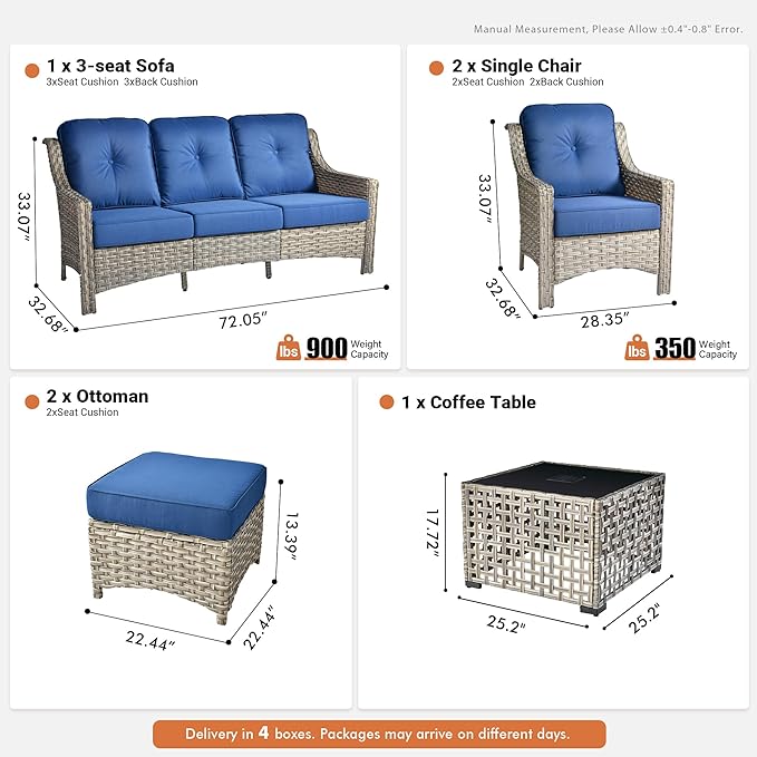 6 Pieces Patio Outdoor Furniture Set,All Weather Wicker Rattan Patio Seating Sofa and Chair Set w/Ottoman and Glowing Coffee Table,Outdoor Conversation Sets for Deck Yard Garden,Navy Blue