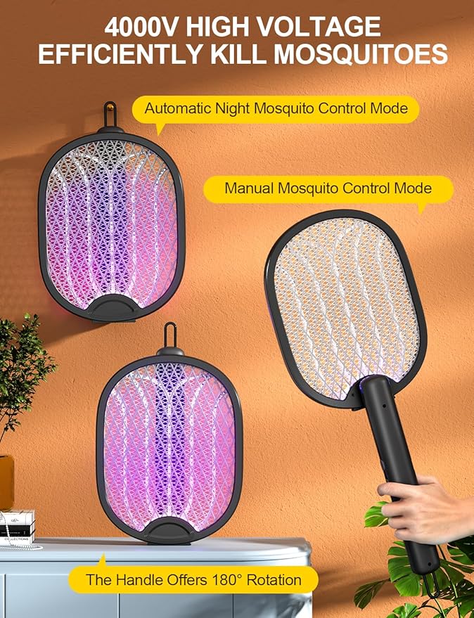 Electric Fly Swatter 4000V Bug Zapper Racket Foldable with Blue Light Dual Mode 1800mAh Rechargeable Battery 5-Layer Safety Mesh for Indoor & Outdoor(Black)