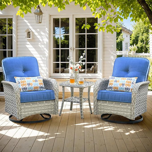 HOOOWOOO Outdoor Patio Bistro Set,3 Pieces Wicker Out Door Swivel Rocking Chair with Matching Side Table,Patio Furniture Sets,Denim Blue