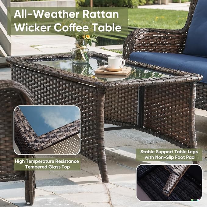 Wicker Outdoor Conversation Set-6 Pieces Outdoor Wicker High Back Couch with Swivel Rocker Chairs Patio Furniture for Deck Poolside Backyard-Brown/Blue