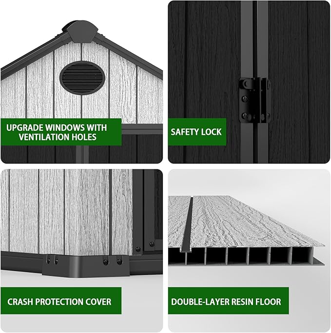 3 x 5 FT Shed Resin Outdoor Storage with Floor, Plastic Shed with Window and Lockable Door for Garden, Backyard, with Wood Texture, Grey