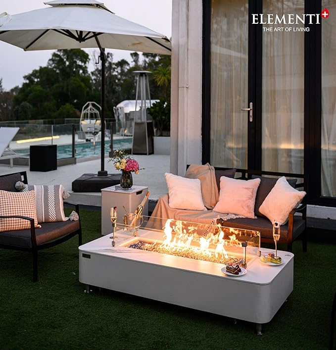 Elementi+ | Athens Gas Fire Pit | Cast Concrete Body & Marble Porcelain Top | 62" Rectangular Fire Table | Electronic Ignition | Canvas Cover, Fire Glass & Burner Lid Included | White | Propane Gas