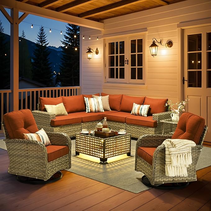 HOOOWOOO Outdoor Sectional Patio Furniture Set,9 Pieces Wicker Conversation Sets L Shaped Couch,Extra Deep Out Door Sofa Outside Furniture with Rocking Chairs,Brick Red