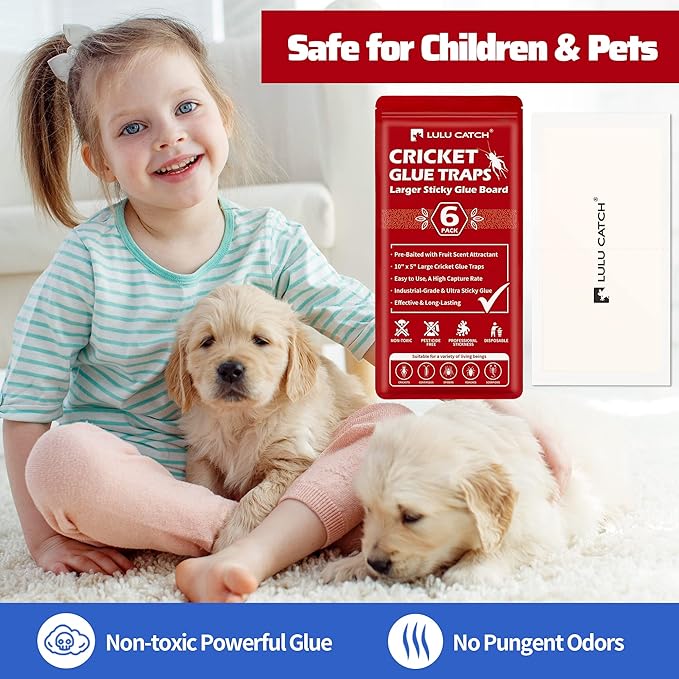 LULUCATCH Cricket Insect Glue Traps - 6 Pack Bug Cockroach Sticky Traps, Large Spider Trap with Pre-Baited Attractant, Highly Effective Glue Boards Indoor, Non-Toxic Pet Safe Pest Control