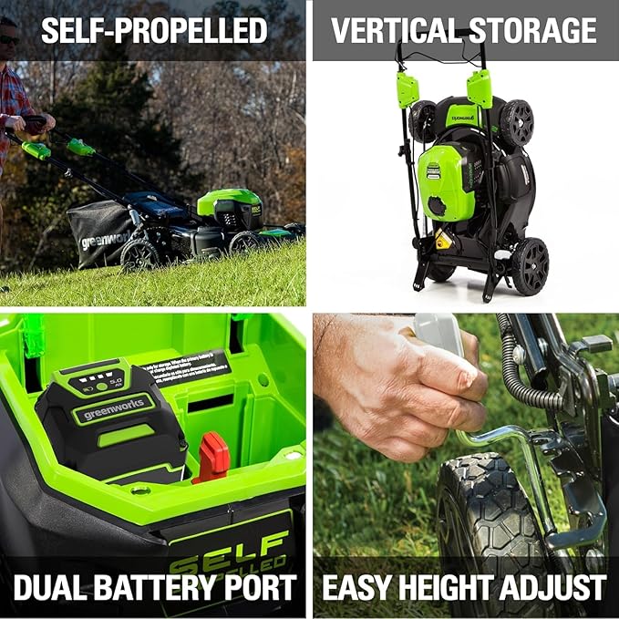 Greenworks 40V 21" Self-Propelled Mower,Axial Leaf Blower,12" String Trimmer with Batteries and Chargers