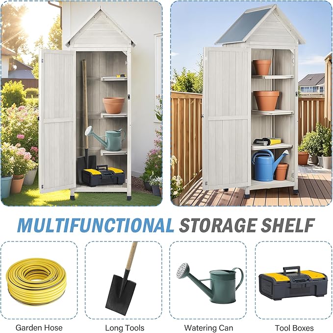 Wooden Outdoor Storage Cabinet,Tall Vertical Garden Tool Shed with Waterproof Metal Roof & Adjustable Feet – Perfect for Yard, Patio, Lawn & Deck (Gray, 22" x 26" x 67")