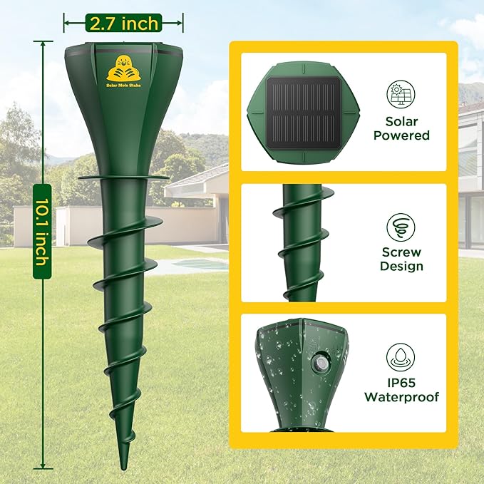 Mole Repellent Solar Powered 8 Pack, Snake Vole Repellent Outdoor, IP65 Waterproof Snake Deterrent Gopher, Waterproof Sonic Mole Spikes for Lawn and Garden, Get Rid of Moles, Groundhogs, and Rodents