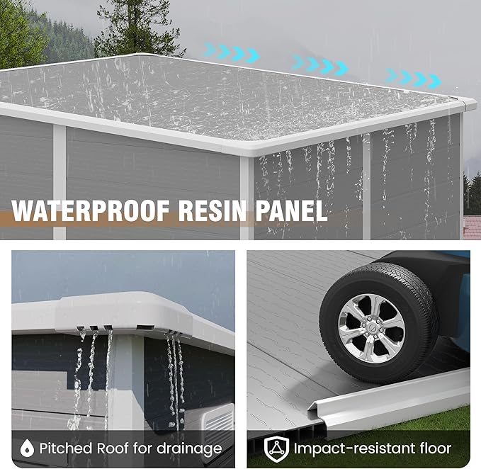 Outdoor Storage Shed, 6x6 FT Resin Shed with Floor and Lockable Door, Window & Vents, Tool Sheds & Outdoor Storage for Bike, Tools, Garden Accessories, Waterproof Grey White