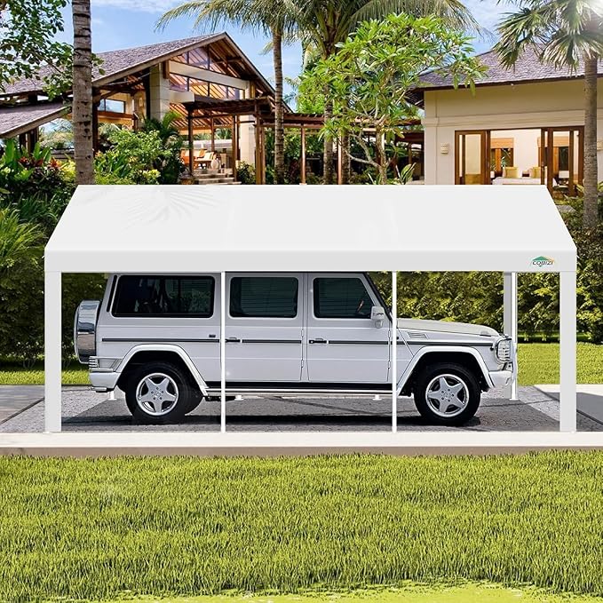 COBIZI 12x20ft Carport Heavy Duty, Portable Car Garage Outdoor Party Tent with Built-in Sandbags, Waterproof Car Canopy for Truck, Boat, SUV with All-Season Tarp, White