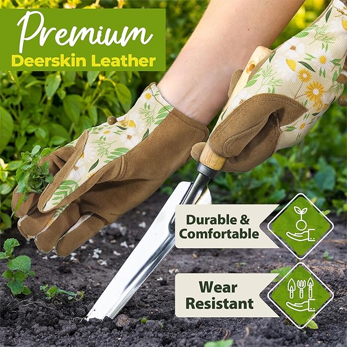 HANDLANDY Gardening Gloves for Women, Breathable Ladies Leather Garden Yard Gloves Best Gift for Gardeners