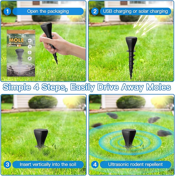 4 Pack Mole Repellent Solar Powered, Snake Vole Repellent Outdoor, IP65 Waterproof Snake Deterrent Gopher, Waterproof Sonic Mole Spikes for Lawn and Garden, Get Rid of Moles, Groundhogs, and Rodents