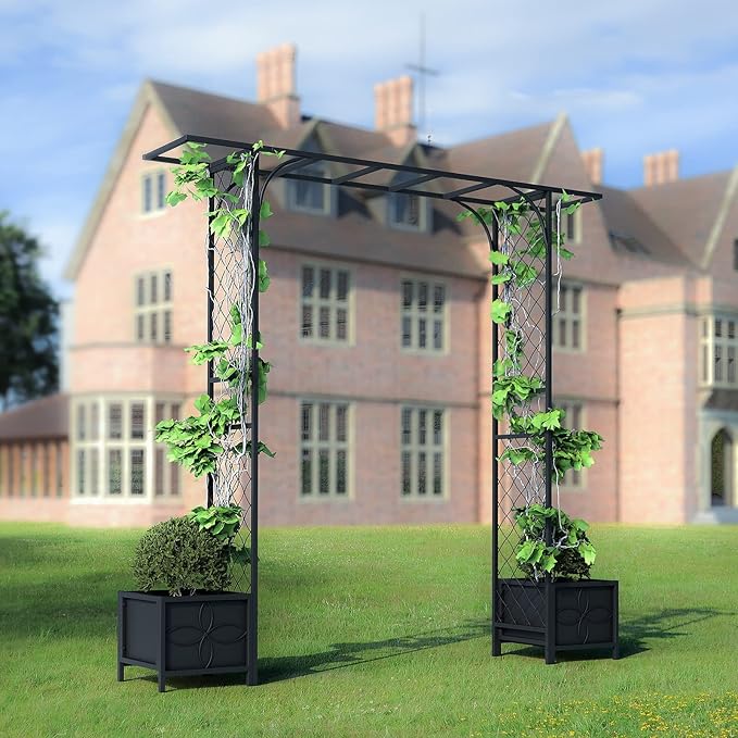 Zhongma Metal Garden Arbor with Planters, 83.5'' High x 90.5'' Wide, Outdoor Arch for Climbing Plant, Decorations Pergola with Plant Baskets …
