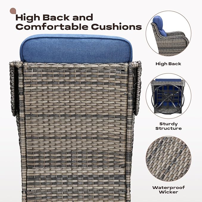 Outdoor Patio Swivel Rocker Chairs Set of 2, Waterproof Wicker, High Back, Deep Seating, Wide Armrest, Upgraded 6 inch Thick Cushions, Side Table, Ideal for Deck Porch Yard, Mixed Grey-Blue