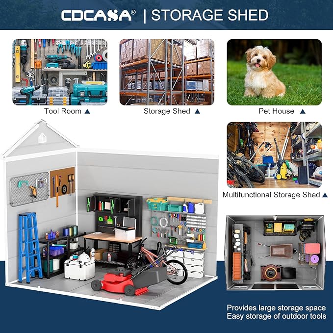 CDCASA 8x6 FT Resin Storage Shed, Waterproof Large Outdoor Sheds with Floor Included & Adjustable Openable Windows, Outside Plastic Tool Shed for Backyard Patio Poolside Garden, Dove Grey