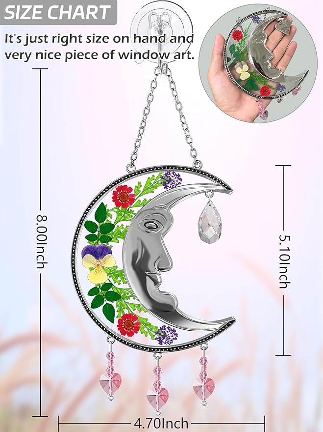 KY&BOSAM Crystal Sun Face Moon Suncatchers Gifts for Mom Family Friends Stained Glass for Windows Wind Chimes Real Flower Colorful Crystal Outdoor for Garden Indoor Home Trees Patio Yard Porch Decor