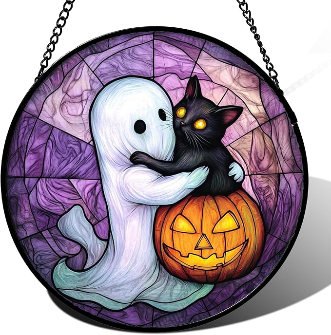 Stained Glass Window Hanging - Halloween Decorations Ghost Black Cat Pumpkin Suncatcher for Door Garden Spooky Purple Sun Catchers Gothic Decor Horror Gifts for Women Men Friend Boy 6.3 in
