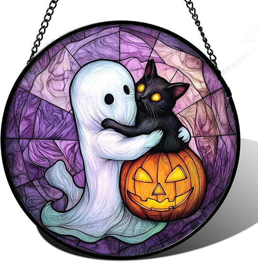 Stained Glass Window Hanging - Halloween Decorations Ghost Black Cat Pumpkin Suncatcher for Door Garden Spooky Purple Sun Catchers Gothic Decor Horror Gifts for Women Men Friend Boy 6.3 in