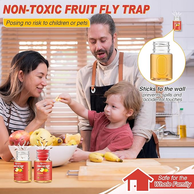 Qualirey 6 Pack Fruit Fly Traps for Indoors, Fruit Fly Killer and Catcher, Trap Refill Liquid for Home & Kitchen, Non Toxic Safe Near Food, Effective Lure Refill for Indoor Use