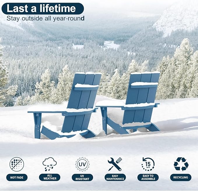 MXIMU Modern Adirondack Chair Weather Resistant with Cup Holder Oversized Fire Pit Chairs Adorondic Plastic Outdoor Chairs for Firepit Area Seating (Blue)
