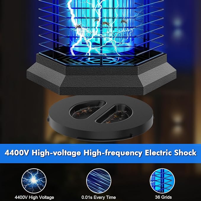 Bug Zapper Outdoor Indoor, Electric Mosquito Zapper with 18W Power & 4400V High-Voltage, Coverage of 1/2 Acre, 5ft Power Cord, 3 Prong Plug, Waterproof Fly Trap for Patio, Backyard, Garden