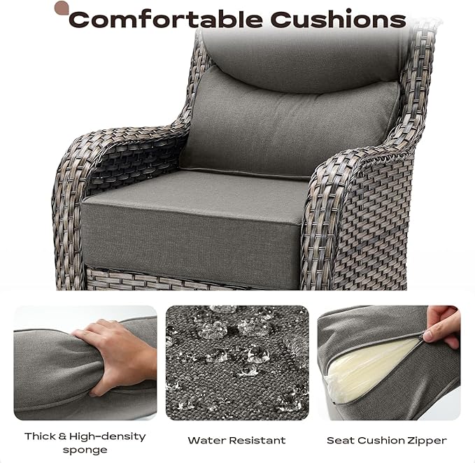 Outdoor Patio Swivel Rocker Chairs Set of 2, Waterproof Wicker, High Back, Deep Seating, Wide Armrest, Upgraded 6 inch Thick Cushions, Side Table, Ideal for Deck Porch Yard, Mixed Grey-Grey